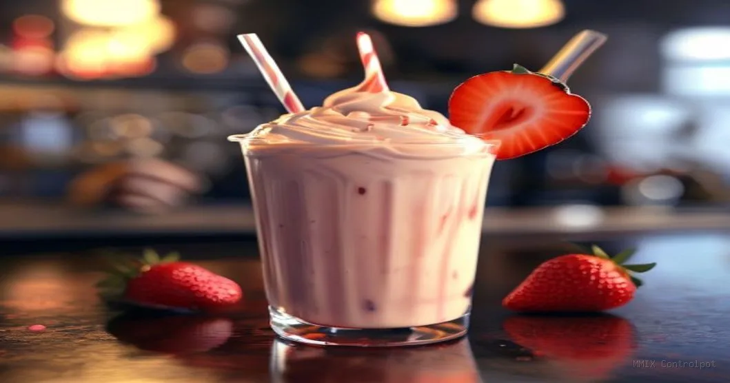 Milk shake de morango cremoso em copo de vidro com canudo e mixer profissional ao fundo