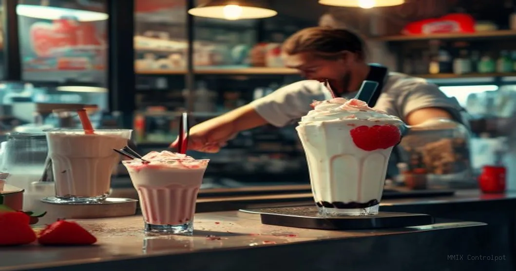 Milk shake de morango cremoso em copo de vidro, com um barrista preparando outro milk shake ao fundo