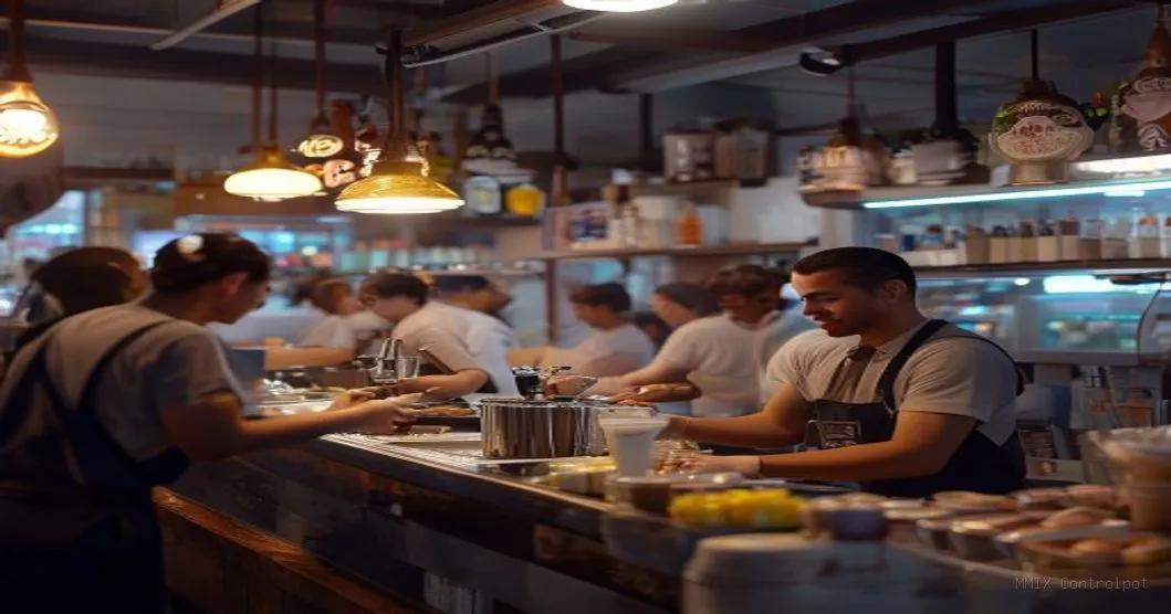 Loja de milk shake movimentada com clientes felizes e barista usando mixer profissional