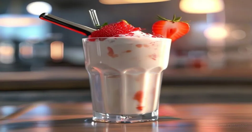 Milk shake de morango cremoso em copo de vidro com um mixer profissional ao fundo