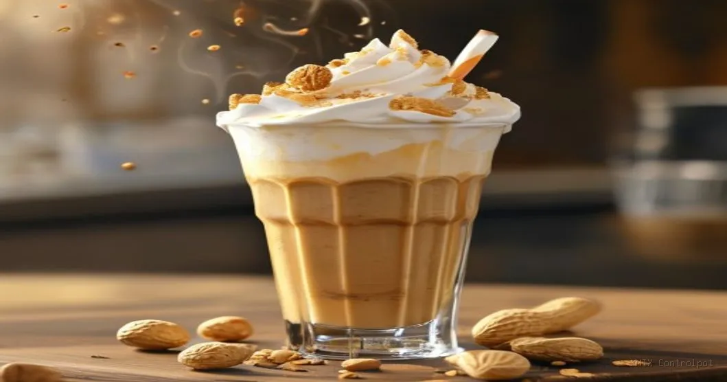 Milk shake de amendoim cremoso em copo de vidro com creme e amendoins por cima