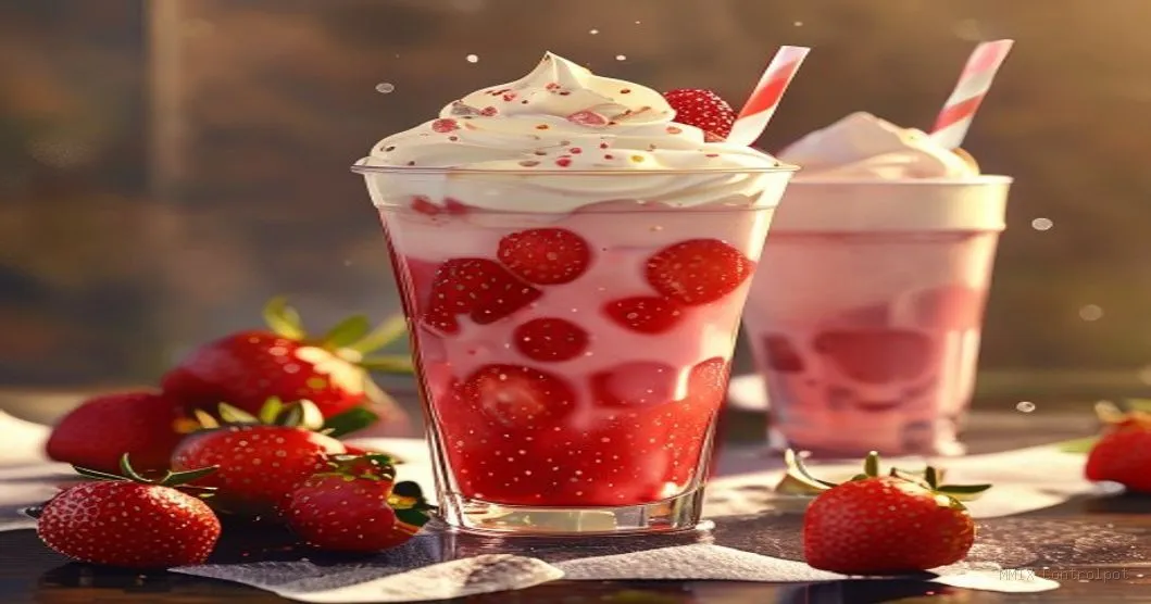 Milk shake de morango cremoso em copo de vidro com morangos frescos ao fundo