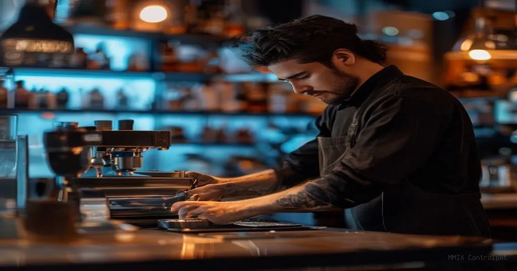 Barista especializado operando um mixer profissional em uma cafeteria moderna